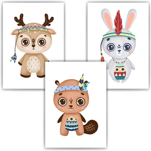 Indianer Tiere 3er Set Kinderzimmer Bilder DIN A4 Poster Babyzimmer Wandbilder Dekoration - Reh Biber Hase