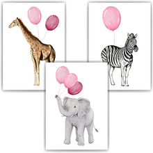 Laden Sie das Bild in den Galerie-Viewer, Niedliche Safari Tiere Luftballon Bilder 3er Set DIN A4 Kinderzimmer Wandbilder Babyzimmer Poster Dekoration - Giraffe Elefant Zebra
