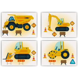 Baufahrzeuge Baustelle Walze Bagger Bilder 4er Set DIN A4 Kinderzimmer Wandbilder Babyzimmer Poster Dekoration