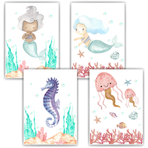 Meerjungfrau Seepferdchen Koralle 4er Set Bilder Kinderzimmer Deko DIN A4 Poster Babyzimmer Wandbilder