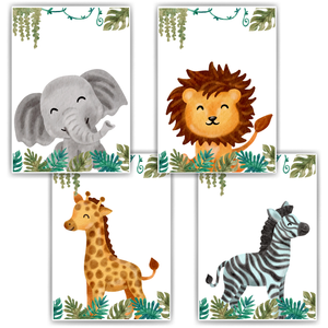 Safari Tiere 4er Set Bilder Elefant Löwe Giraffe Zebra Kinderzimmer Deko DIN A4 Poster Babyzimmer Wandbilder