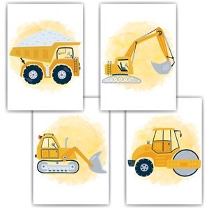 Baufahrzeuge Baustelle Walze Bagger Bilder 4er Set DIN A4 Kinderzimmer Wandbilder Babyzimmer Poster Dekoration