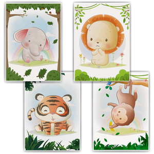 Elefant Löwe Tiger Affe Safari Tiere Bilder 4er Set DIN A4 Kinderzimmer Wandbilder Babyzimmer Poster Dekoration