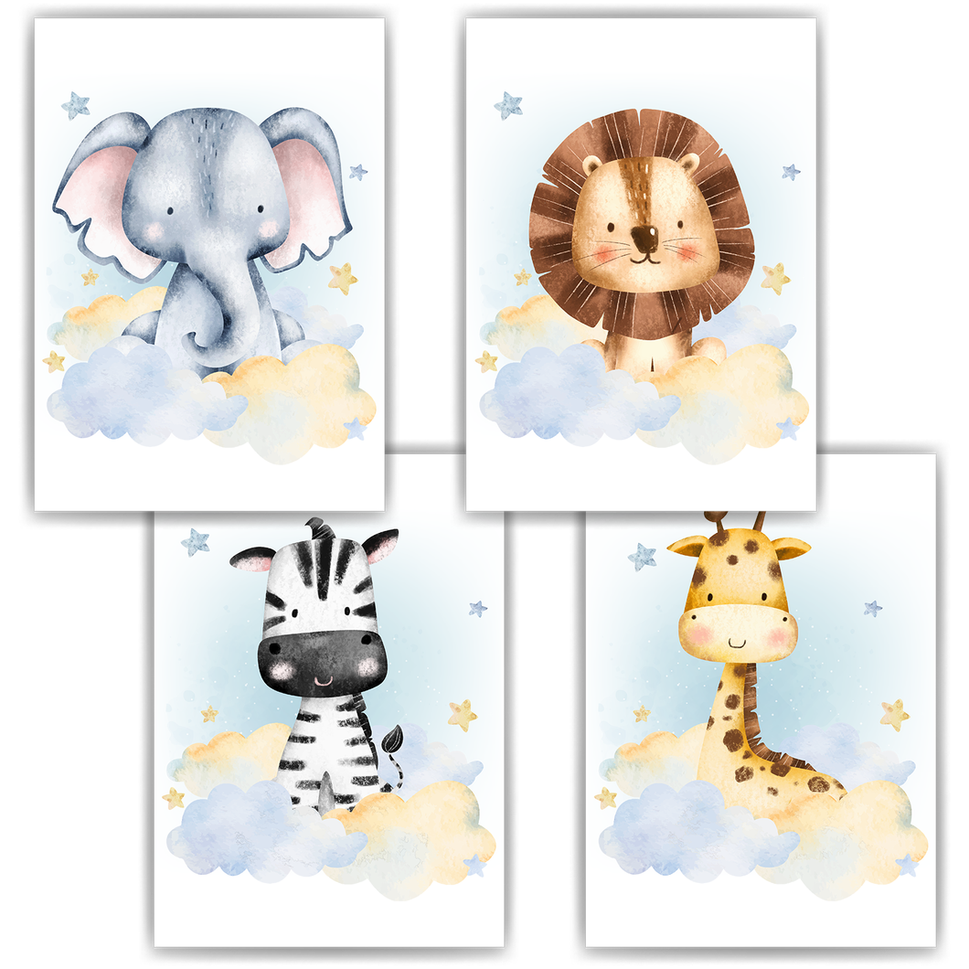 Niedliche Tiere Bilder 4er Set DIN A4 Kinderzimmer Wandbilder Babyzimmer Poster Dekoration - Löwe Giraffe Elefant Zebra