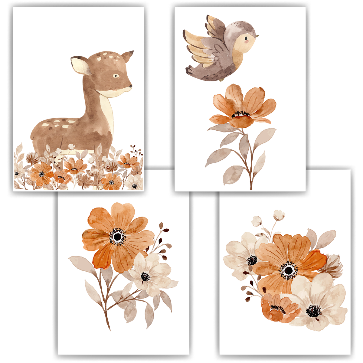 Waldtiere 4er Set Bilder Reh Vogel Blumen Kinderzimmer Deko DIN A4 Poster Babyzimmer Wandbilder