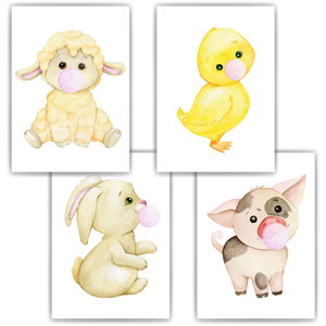 Tiere Bauernhof 4er Set Bilder Schaf Küken Hase Schwein Kinderzimmer Deko DIN A4 Poster Babyzimmer Wandbilder