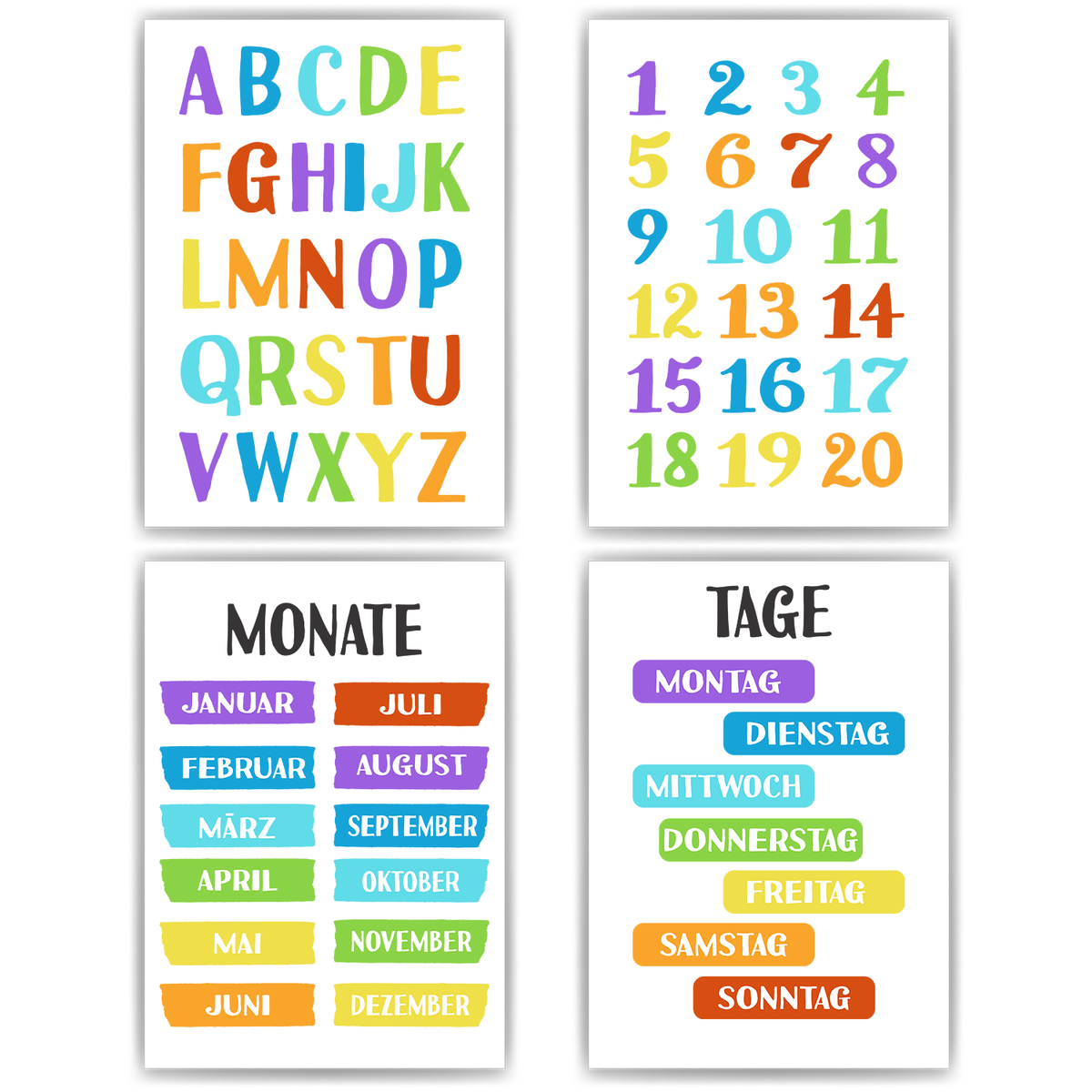 Kinderposter 4er Set ABC, Zahlen, Monate & Tage Lernposter Alphabet | Kinderzimmer Wandbilder Lernhilfe