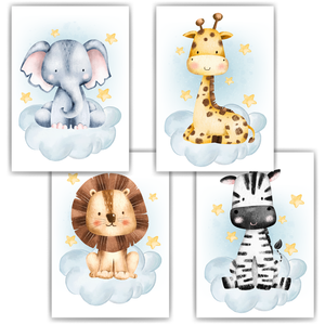 Safari Tiere 4er Set Bilder Elefant Giraffe Löwe Zebra Kinderzimmer Deko DIN A4 Poster Babyzimmer Wandbilder