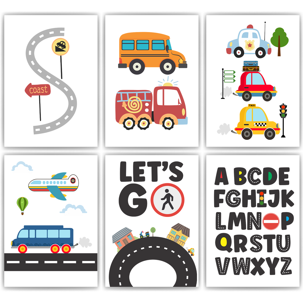 Kinderposter 6er Set ABC Auto Fahrzeuge Lernposter Alphabet | Kinderzimmer Wandbilder Einschulung Kindergarten Grundschule Lernhilfe für Kinder