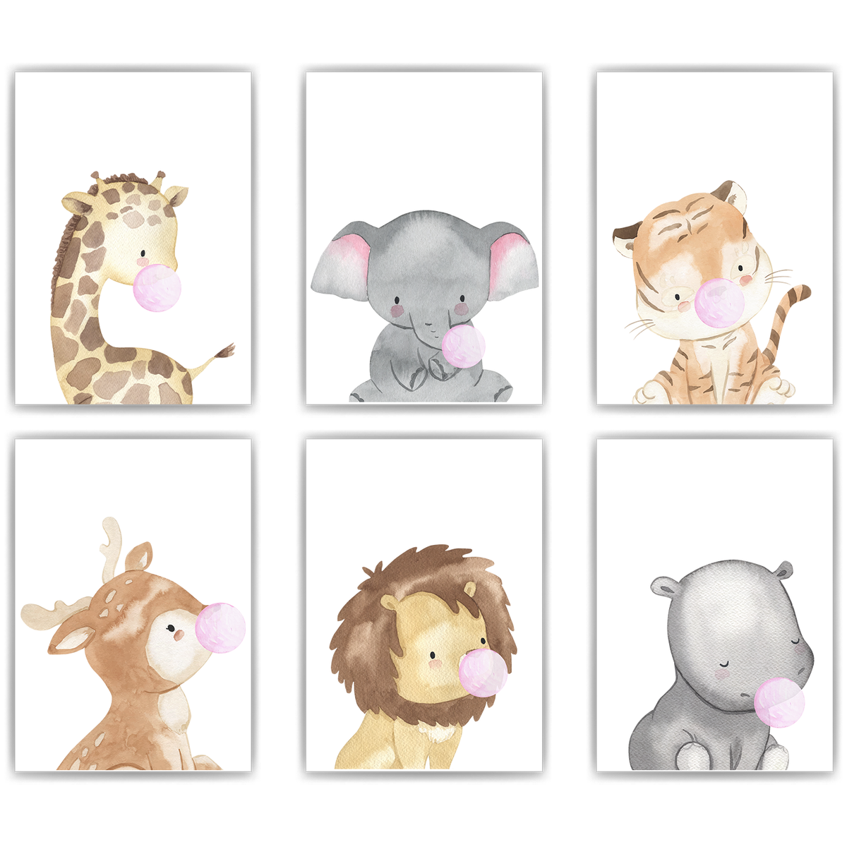 Safari Tiere Kaugummi 6er Set Bilder Giraffe Elefant Tiger Reh Löwe Kinderzimmer Deko DIN A4 Poster
