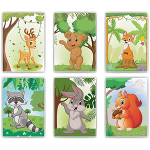 Niedliche Waldtiere Bilder 6er Set DIN A4 Kinderzimmer Wandbilder Babyzimmer Poster Dekoration - Reh Bär Fuchs Waschbär Hase Eichhörnchen