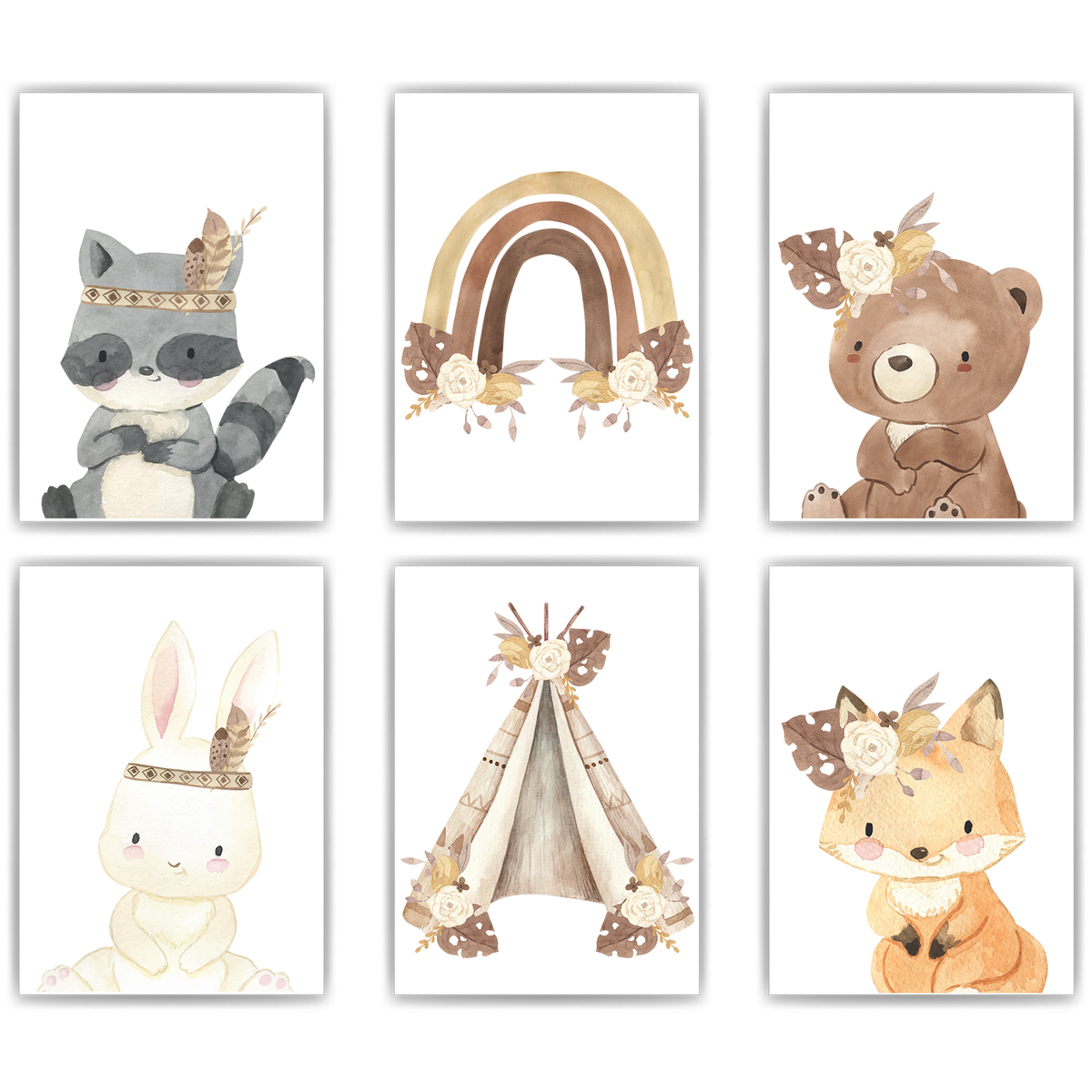 Waldtiere 6er Set Bilder Waschbär Bär Hase Fuchs Kinderzimmer Deko DIN A4 Poster