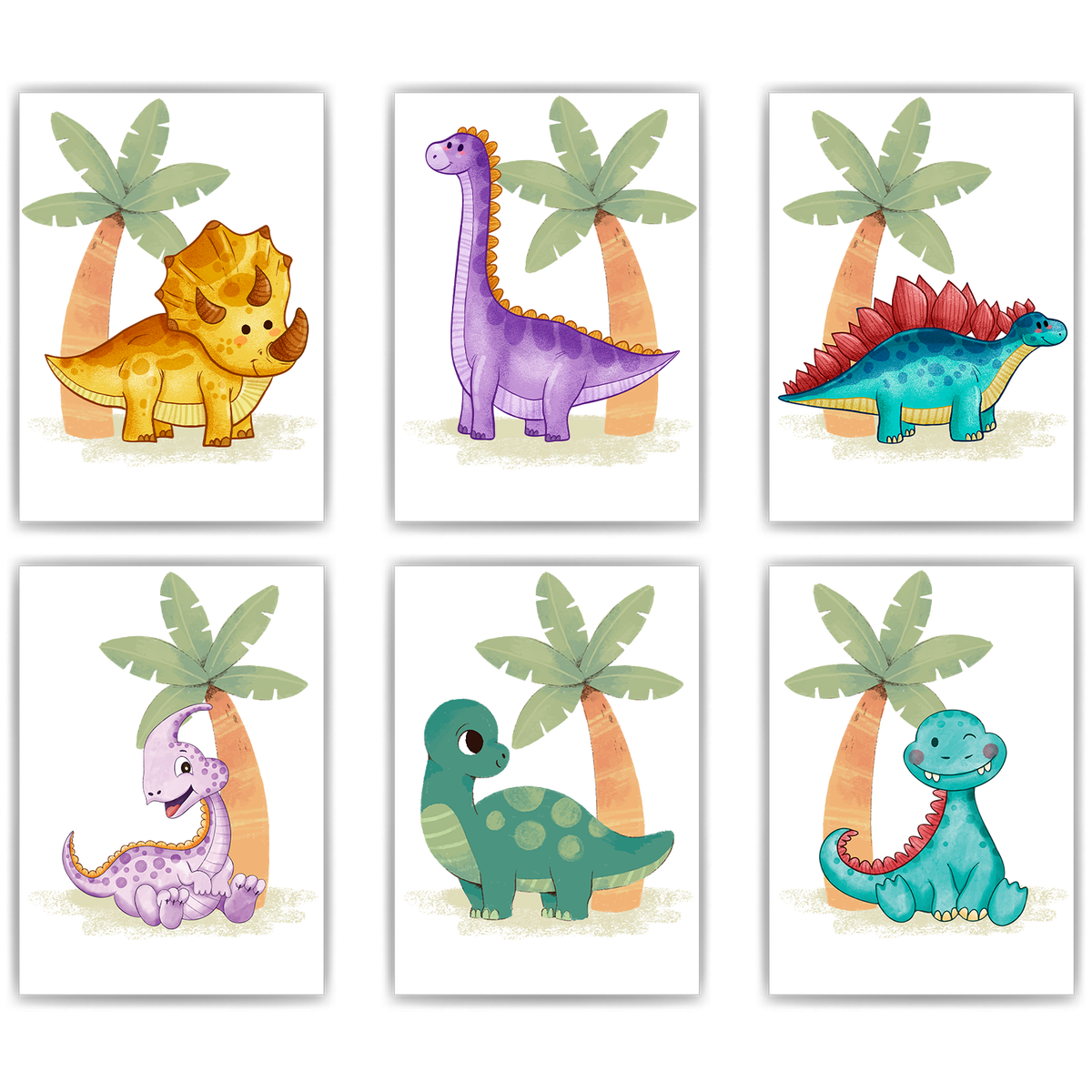 Dinosaurier 6er Set Bilder Dino Kinderzimmer Deko DIN A4 Poster Babyzimmer Wandbilder