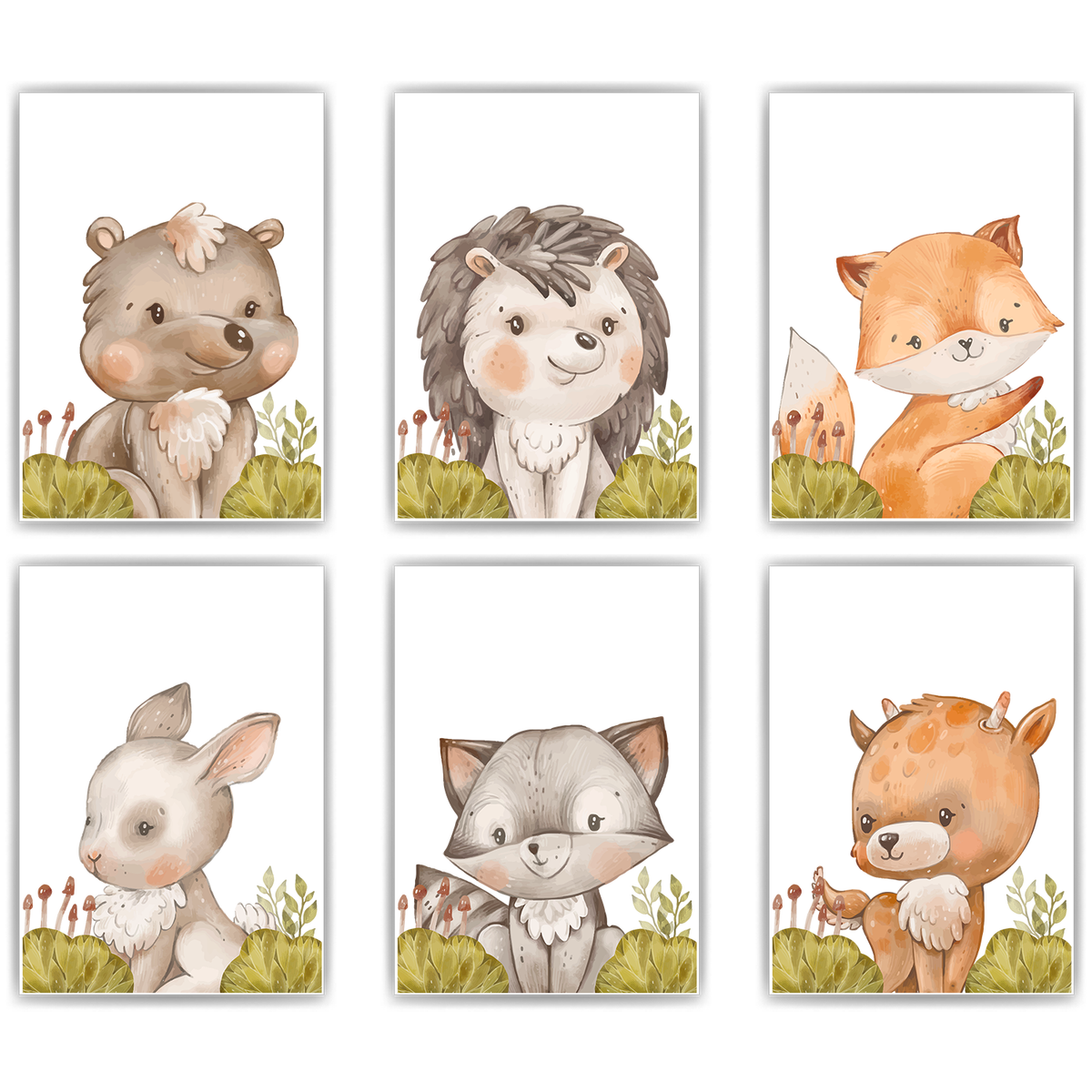 Waldtiere 6er Set Bilder Bär Igel Fuchs Hase Waschbär Reh Kinderzimmer Deko DIN A4 Poster Wandbilder