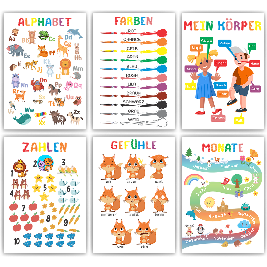 Kinderposter 6er Set Alphabet, Farben, Körper, Zahlen, Gefühle, Monate Lernposter Kinderzimmer Wandbilder Kindergarten Grundschule ABC