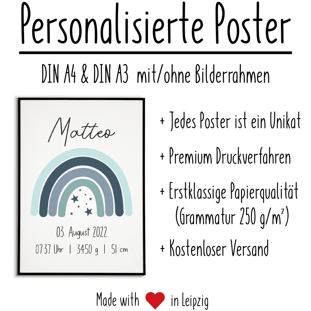 Blauer Regenbogen Geburtsposter Personalisiert Name Uhrzeit Größe Gewicht | Kinderzimmer Babygeschenk  | Geburt Baby Poster