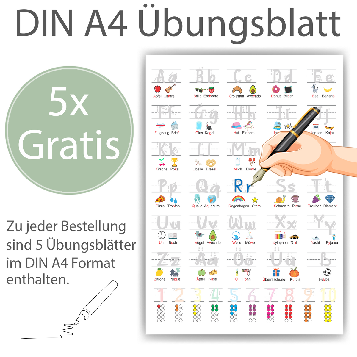 Grundschrift Poster inkl. 5 Übungsblätter | ABC Lernposter für Kinder Zahlen & Alphabet Lernhilfe Einschulung Kindergarten Grundschule
