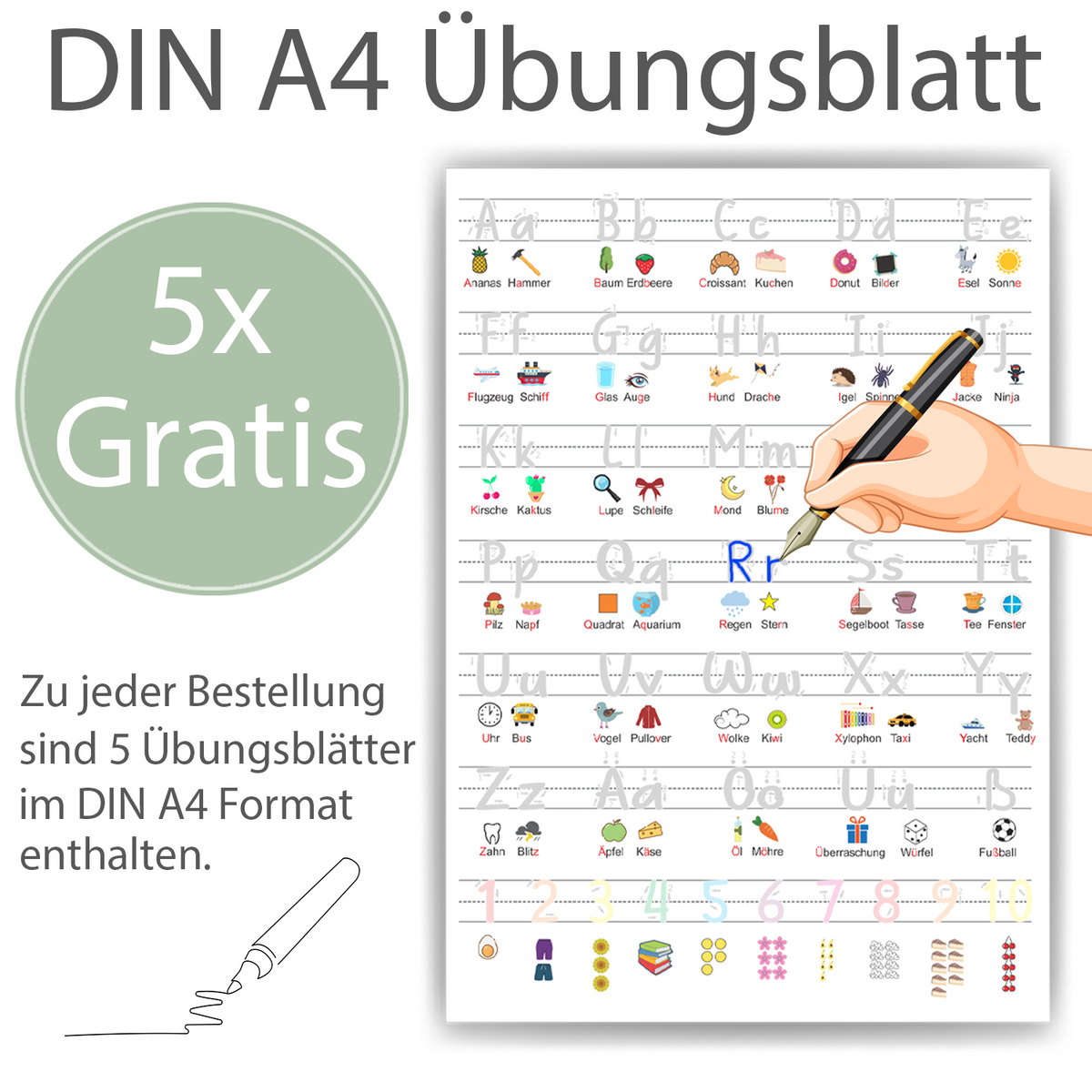 Grundschrift Poster inkl. 5 Übungsblätter | ABC Lernposter Zahlen & Alphabet Lernhilfe für Kinder Einschulung Kindergarten Grundschule