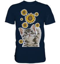 Laden Sie das Bild in den Galerie-Viewer, Katze Sonnenblumen Shirt Gärtner Kätzchen Garten Motiv
