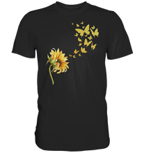 Laden Sie das Bild in den Galerie-Viewer, Schmetterling Sonnenblumen T-Shirt Garten Motiv Gärtner Geschenk Sommer
