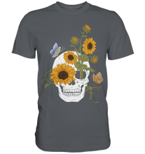 Laden Sie das Bild in den Galerie-Viewer, Totenkopf Sonnenblumen Shirt Gärtner Schmetterling Garten Motiv
