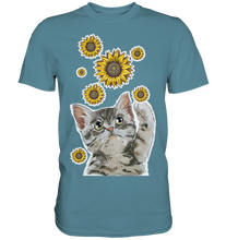 Laden Sie das Bild in den Galerie-Viewer, Katze Sonnenblumen Shirt Gärtner Kätzchen Garten Motiv
