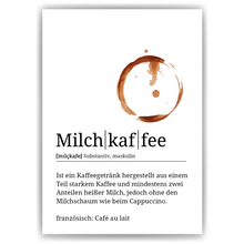 Laden Sie das Bild in den Galerie-Viewer, Milchkaffee Poster Definition - Kaffee Wandbild Barista Küche Wanddeko
