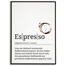 Laden Sie das Bild in den Galerie-Viewer, Espresso Poster Definition - Kaffee Wandbild Barista Küche Wanddeko

