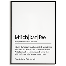 Laden Sie das Bild in den Galerie-Viewer, Milchkaffee Poster Definition - Kaffee Wandbild Barista Küche Wanddeko Kaffeeliebhaber Geschenk
