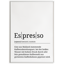 Laden Sie das Bild in den Galerie-Viewer, Espresso Poster Definition - Kaffee Wandbild Barista Küche Wanddeko Kaffeeliebhaber Geschenk

