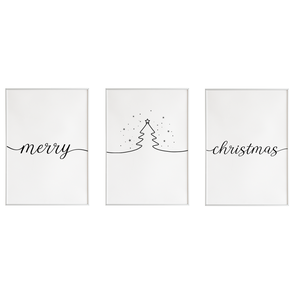 Weihnachten Poster 3er Set – Merry Christmas Wandbild Weihnachtsbaum Motiv Schlafzimmer Wohnzimmer Küche Flur Zuhause Wanddeko